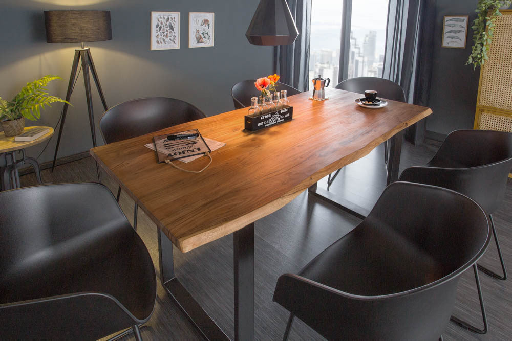 Mesa de comedor de madera maciza MAMMUT 140cm borde de acacia silvestre diseño industrial tablero 2,6cm