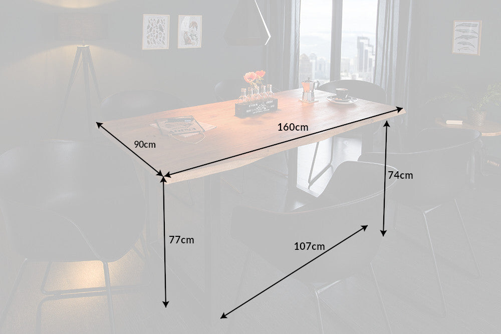 Mesa de comedor MAMMUT 160 cm de madera maciza de acacia silvestre diseño industrial tablero 2,6 cm borde de árbol