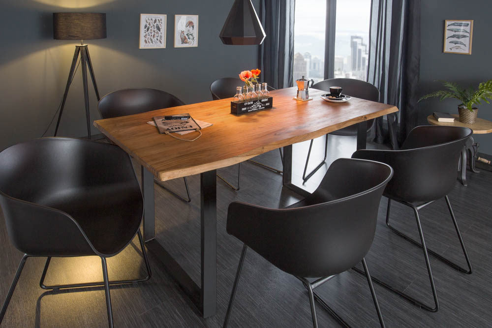 Mesa de comedor MAMMUT 160 cm de madera maciza de acacia silvestre diseño industrial tablero 2,6 cm borde de árbol