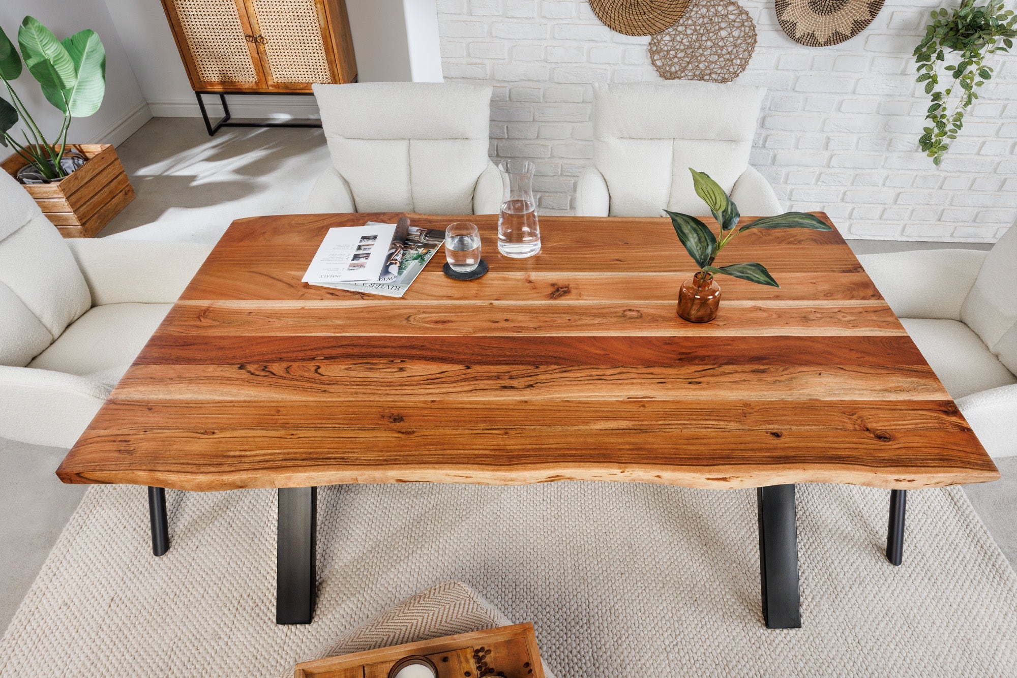 Mesa de comedor de madera maciza MAMMUT 160cm acacia canto estructura X diseño industrial tablero 2.6 cm