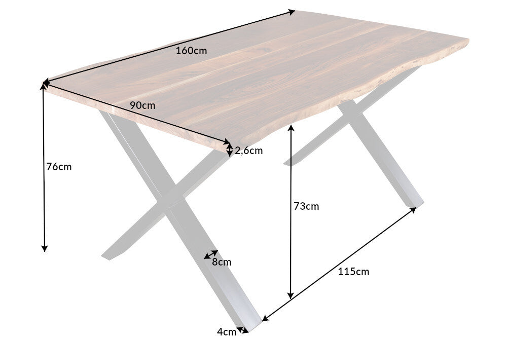 Mesa de comedor de madera maciza MAMMUT 160cm acacia canto estructura X diseño industrial tablero 2.6 cm
