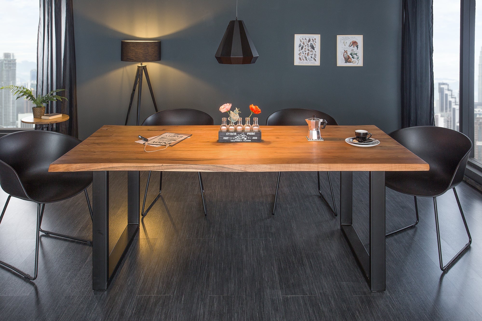Mesa de comedor de madera maciza MAMMUT 180cm borde de acacia silvestre diseño industrial tablero 3,5cm
