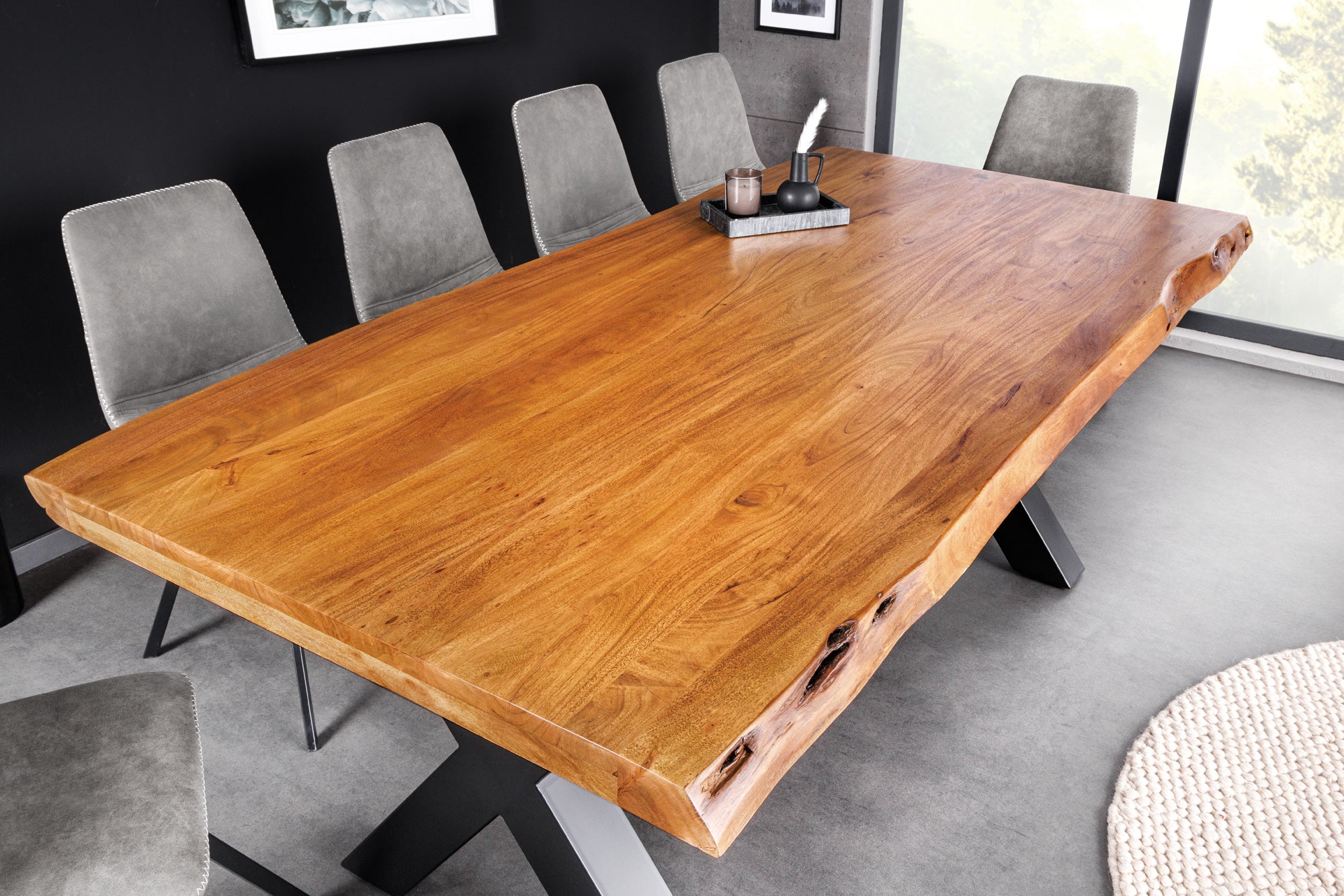 Mesa de comedor de madera maciza MAMMUT 200 cm marco en forma de X de acacia borde de metal negro tablero 5 cm