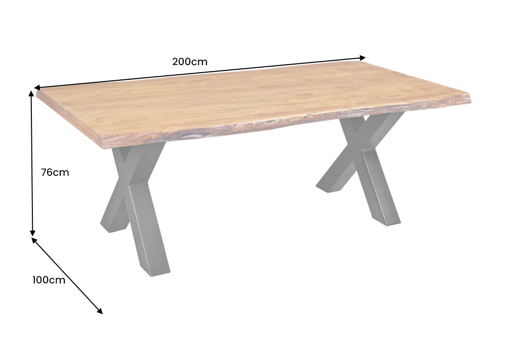 Mesa de comedor de madera maciza MAMMUT 200 cm marco en forma de X de acacia borde de metal negro tablero 5 cm
