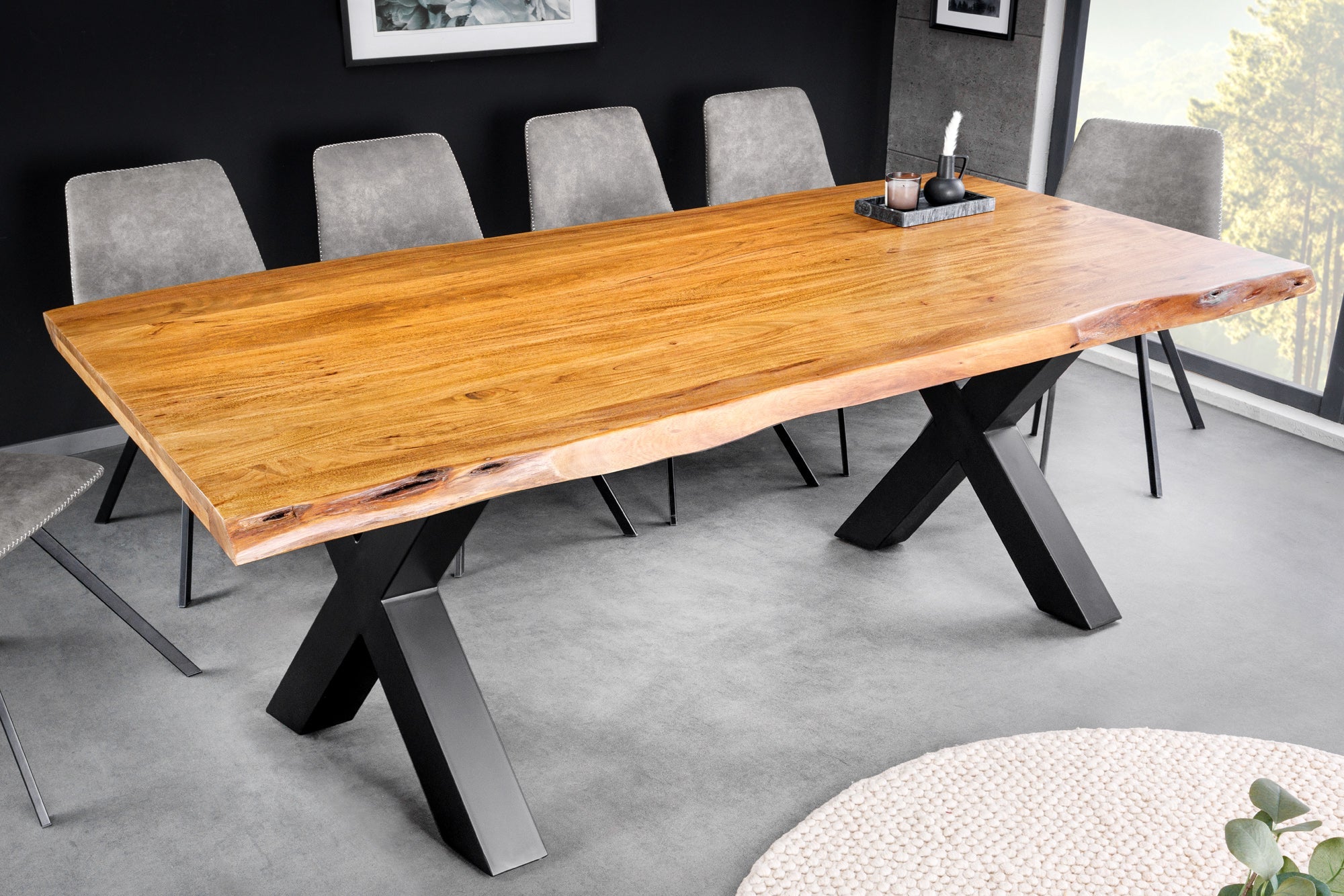 Mesa de comedor de madera maciza MAMMUT 200 cm marco en forma de X de acacia borde de metal negro tablero 5 cm