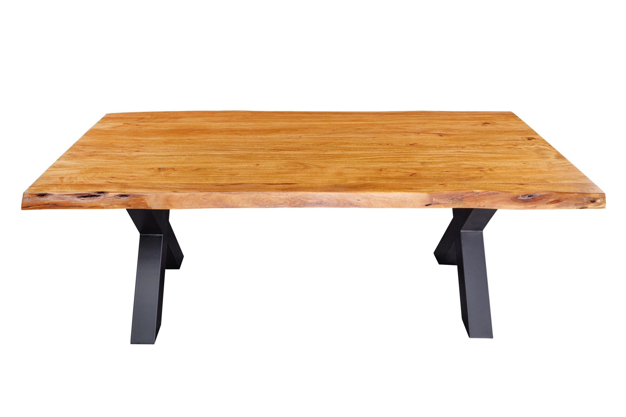 Mesa de comedor de madera maciza MAMMUT 200 cm marco en forma de X de acacia borde de metal negro tablero 5 cm
