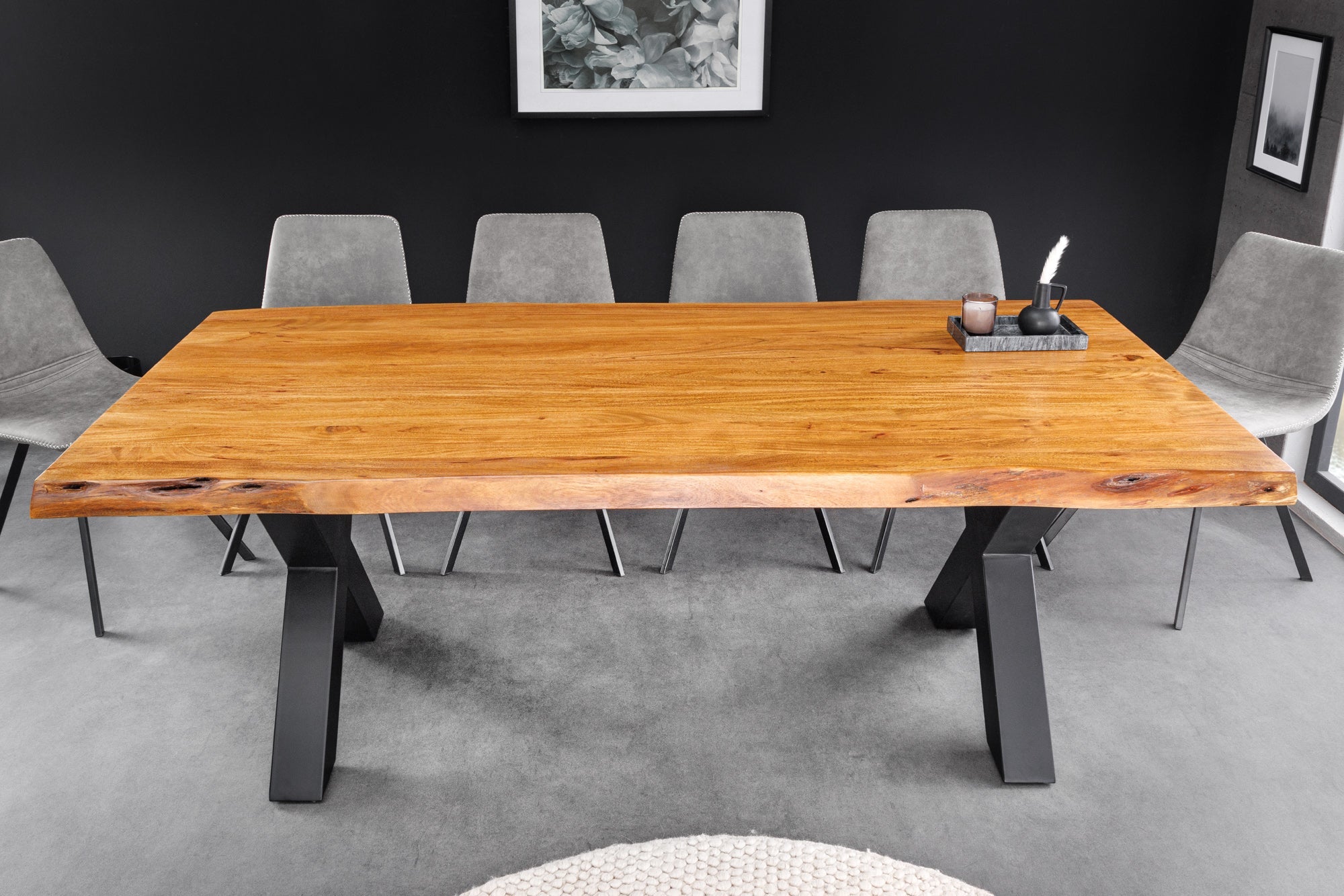 Mesa de comedor de madera maciza MAMMUT 200 cm marco en forma de X de acacia borde de metal negro tablero 5 cm