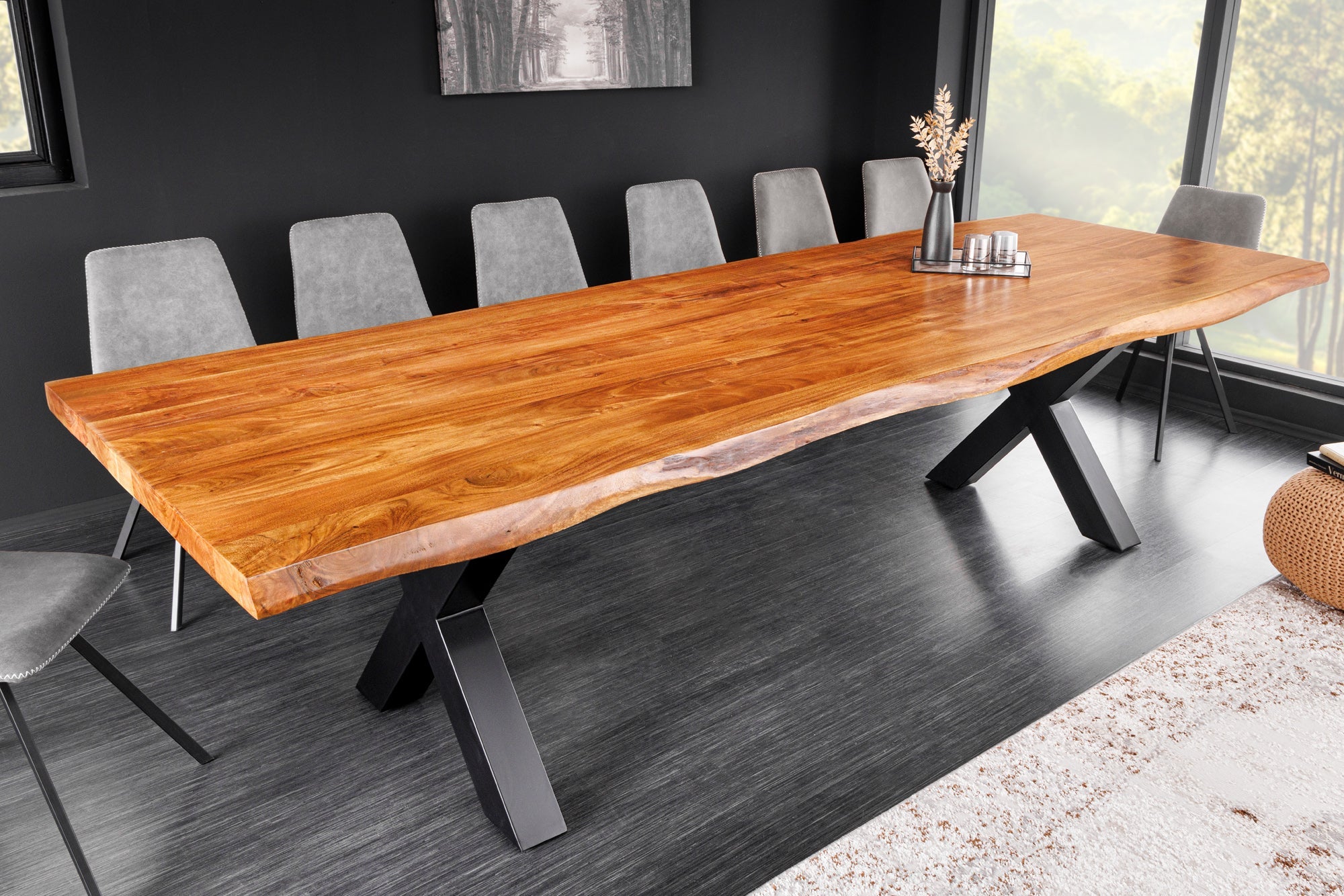 Table à manger en bois massif MAMMUT 300cm acacia cadre en X bord en métal noir plateau de table 6cm