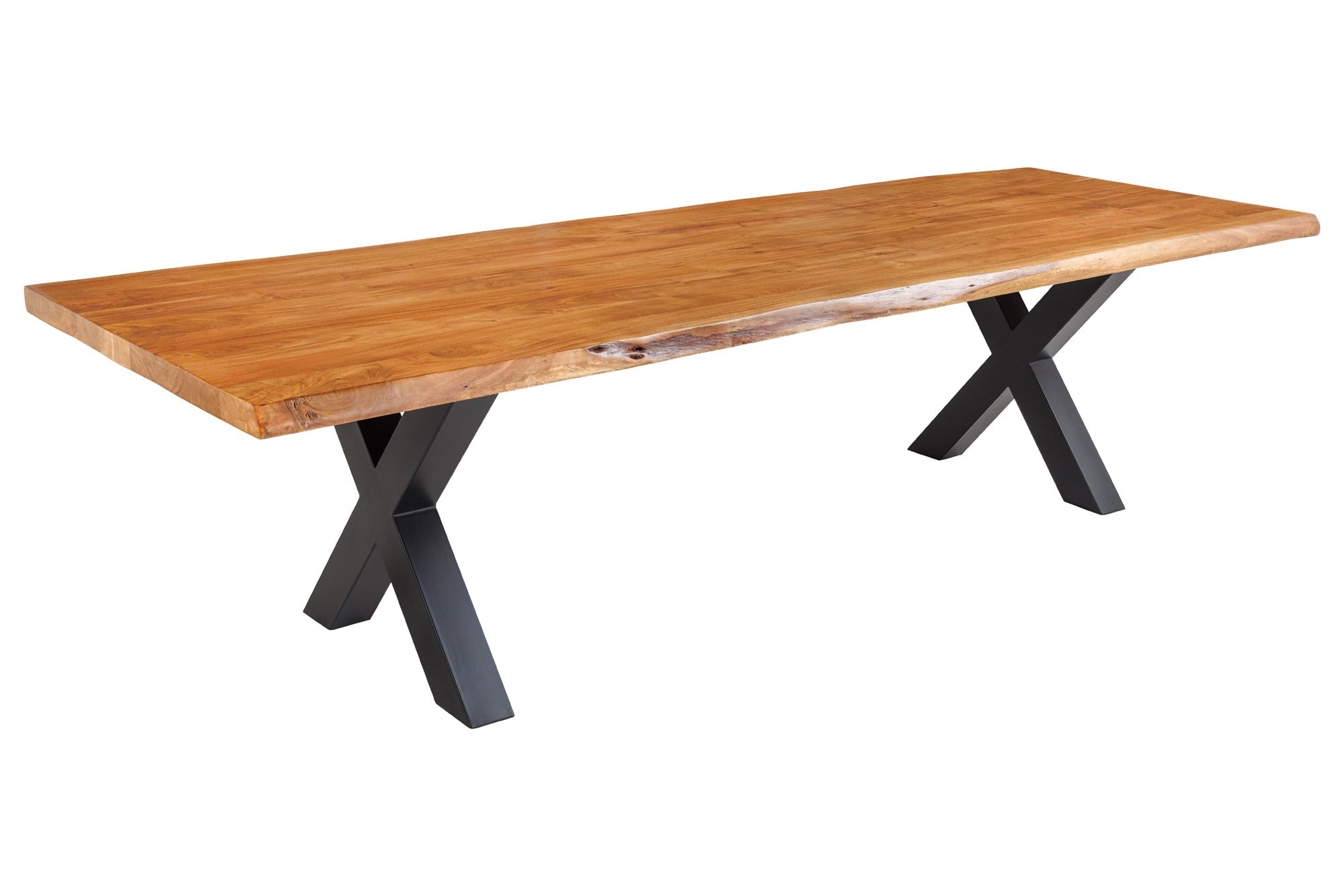 Table à manger en bois massif MAMMUT 300cm acacia cadre en X bord en métal noir plateau de table 6cm