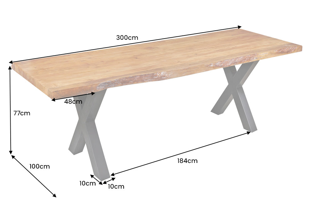 Table à manger en bois massif MAMMUT 300cm acacia cadre en X bord en métal noir plateau de table 6cm