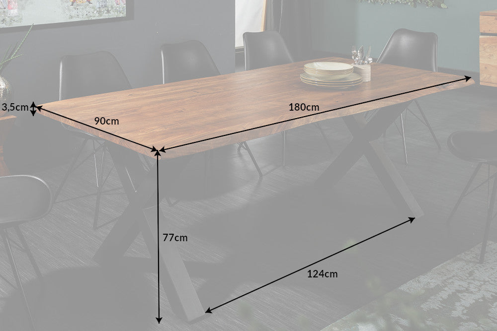 Table à manger en bois massif MAMMUT NATURE 180cm bord en acacia cadre en X anthracite plateau 3,5cm