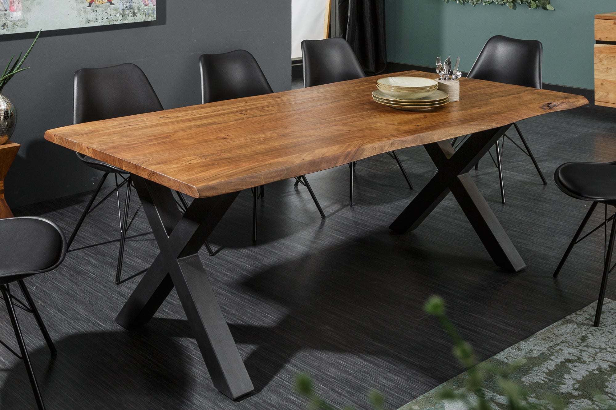 MAMMUT NATURE mesa de comedor de madera maciza 180cm borde de madera de acacia antracita X marco superior 3,5cm