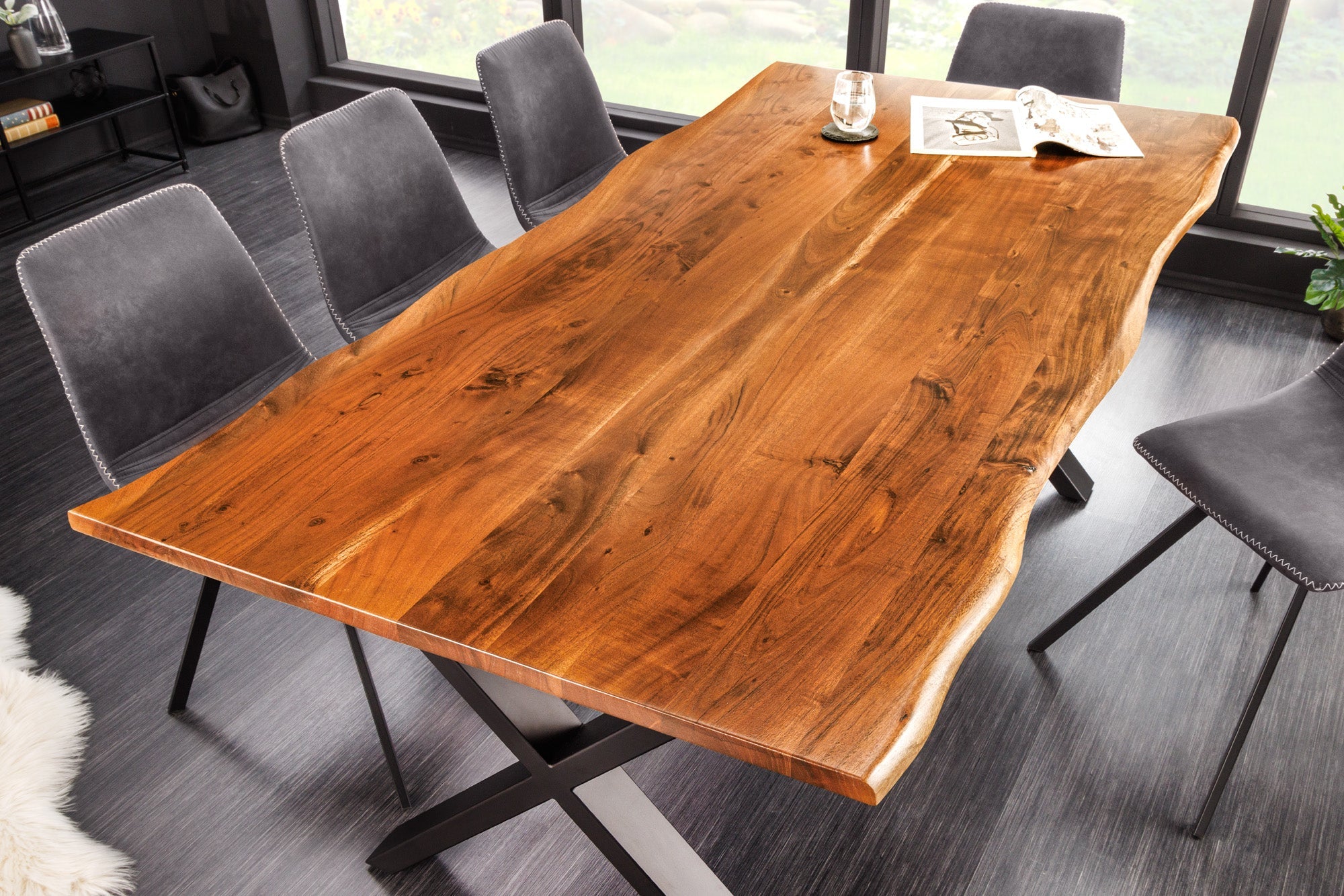 MAMMUT NATURE mesa de comedor de madera maciza 180cm borde de madera de acacia negro X marco 2.5cm tapa