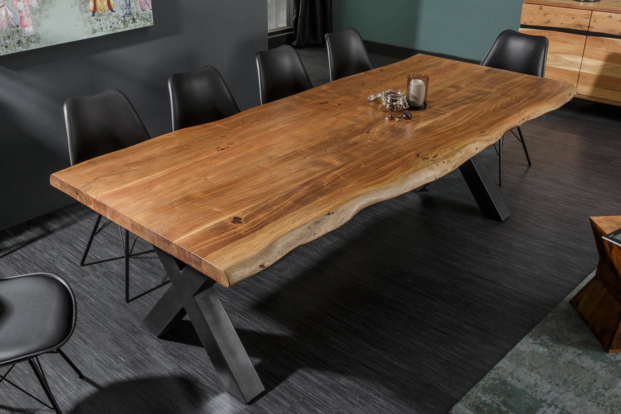 Mesa de comedor de madera maciza MAMMUT NATURE 200cm acacia negro X marco árbol borde superior 6cm