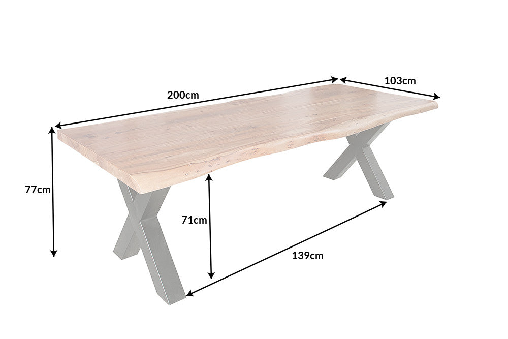 Mesa de comedor de madera maciza MAMMUT NATURE 200cm acacia negro X marco árbol borde superior 6cm
