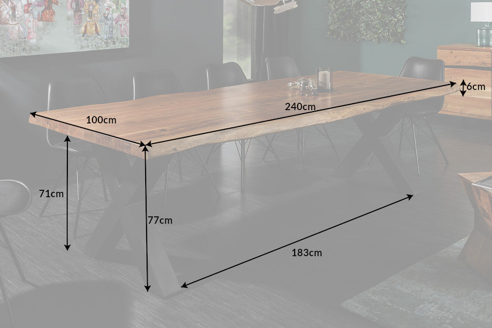 Table à manger en bois massif MAMMUT NATURE 240cm bord en acacia cadre en X plateau 6cm