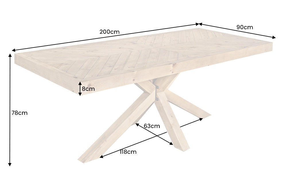 Table à manger en bois massif MOSAIC 200 cm, structure étoile en pin naturel recyclé