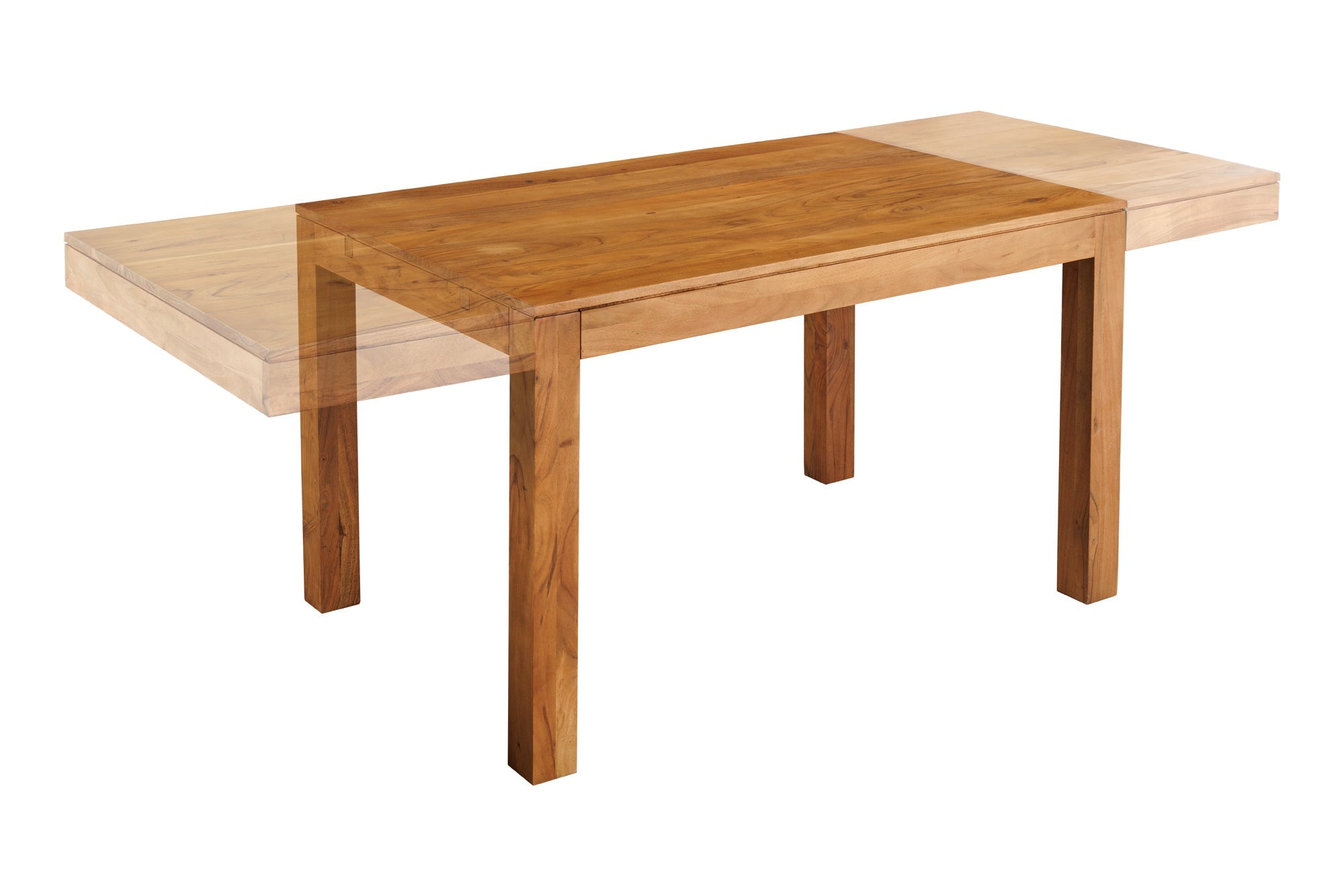 Table à manger en bois massif PURE 120-200cm acacia finition miel naturel avec plaques clipsables