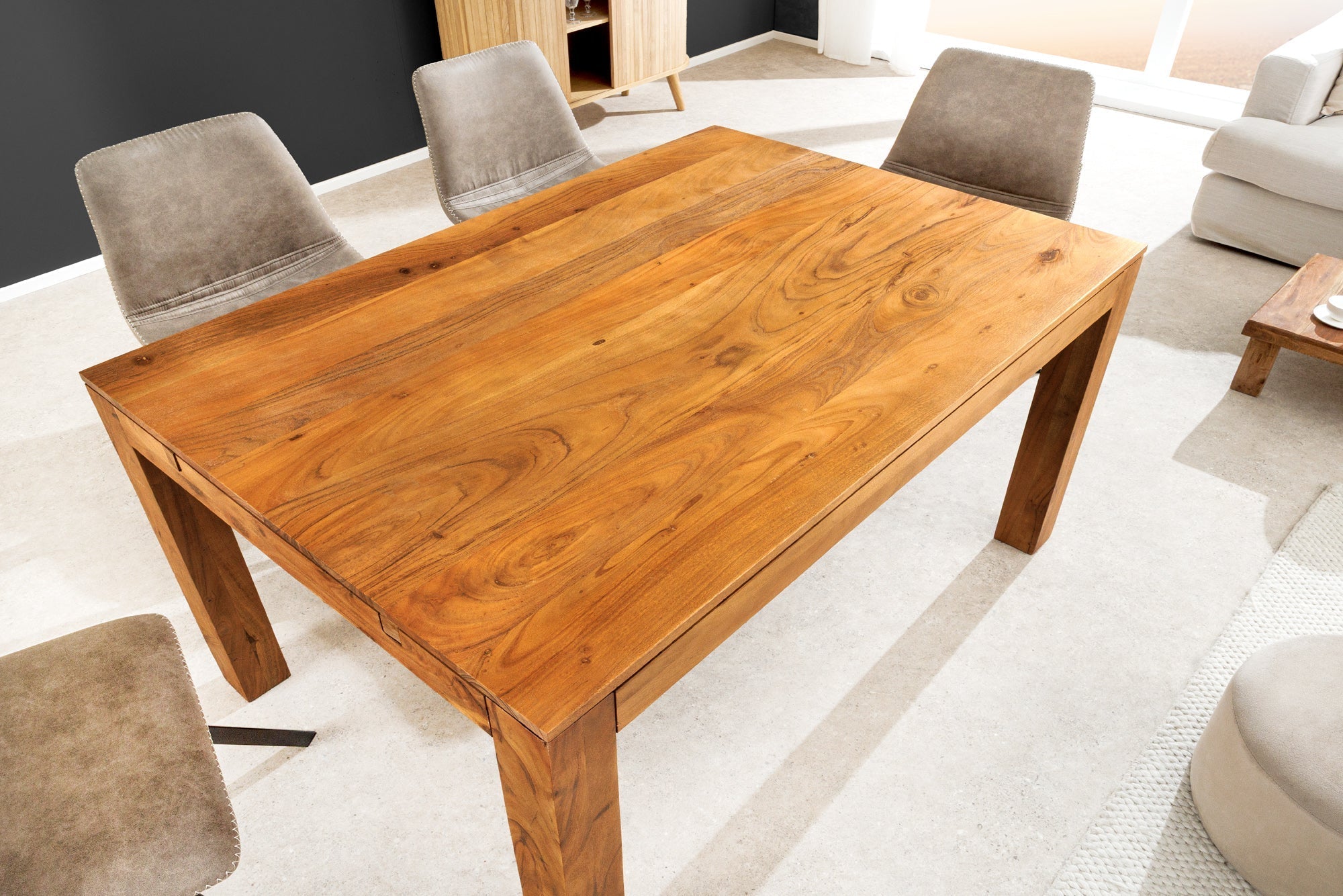 Table à manger en bois massif PURE 120-200cm acacia finition miel naturel avec plaques clipsables