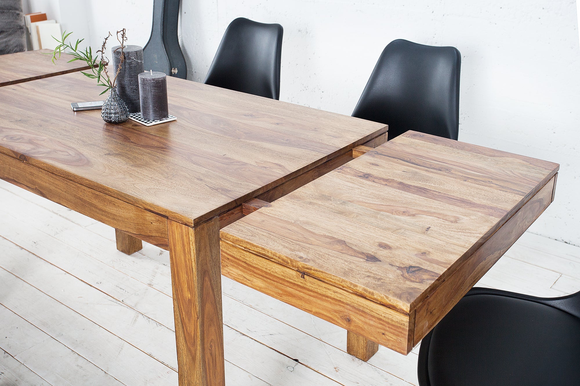 Mesa de comedor de madera maciza PURE 120-200cm acabado piedra Sheesham marrón con extensiones