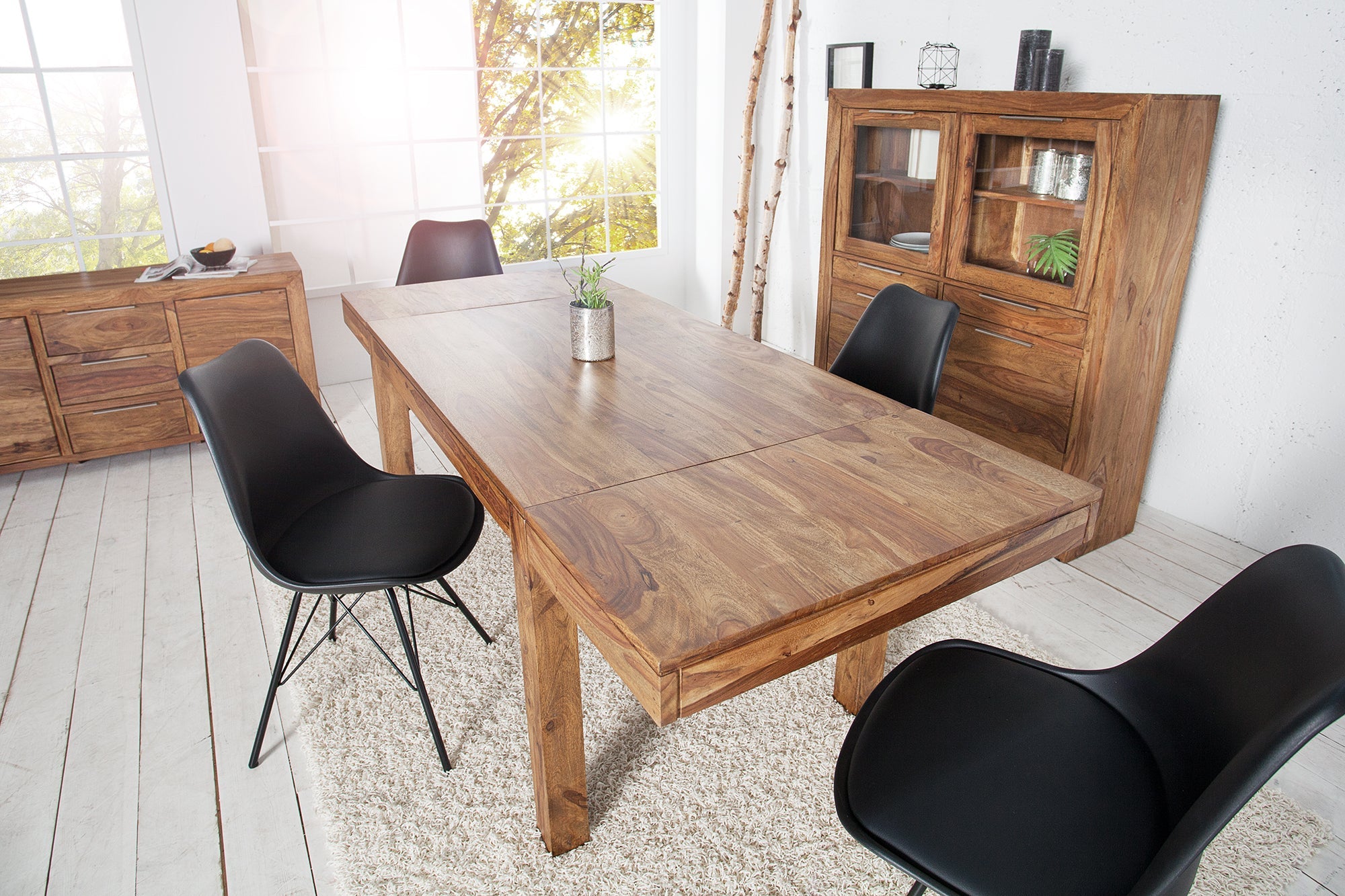 Mesa de comedor de madera maciza PURE 120-200cm acabado piedra Sheesham marrón con extensiones