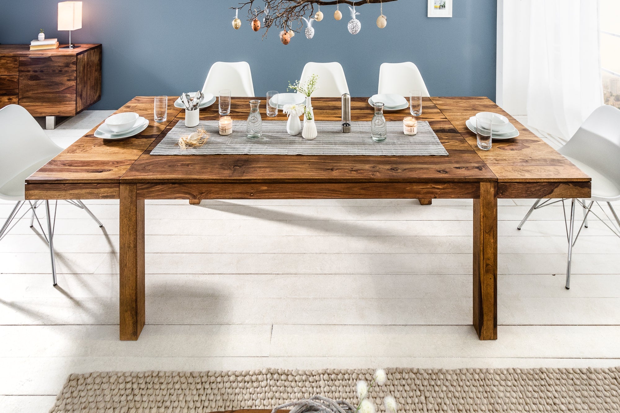 Mesa de comedor de madera maciza PURE 160-240cm acabado piedra Sheesham marron con extensiones