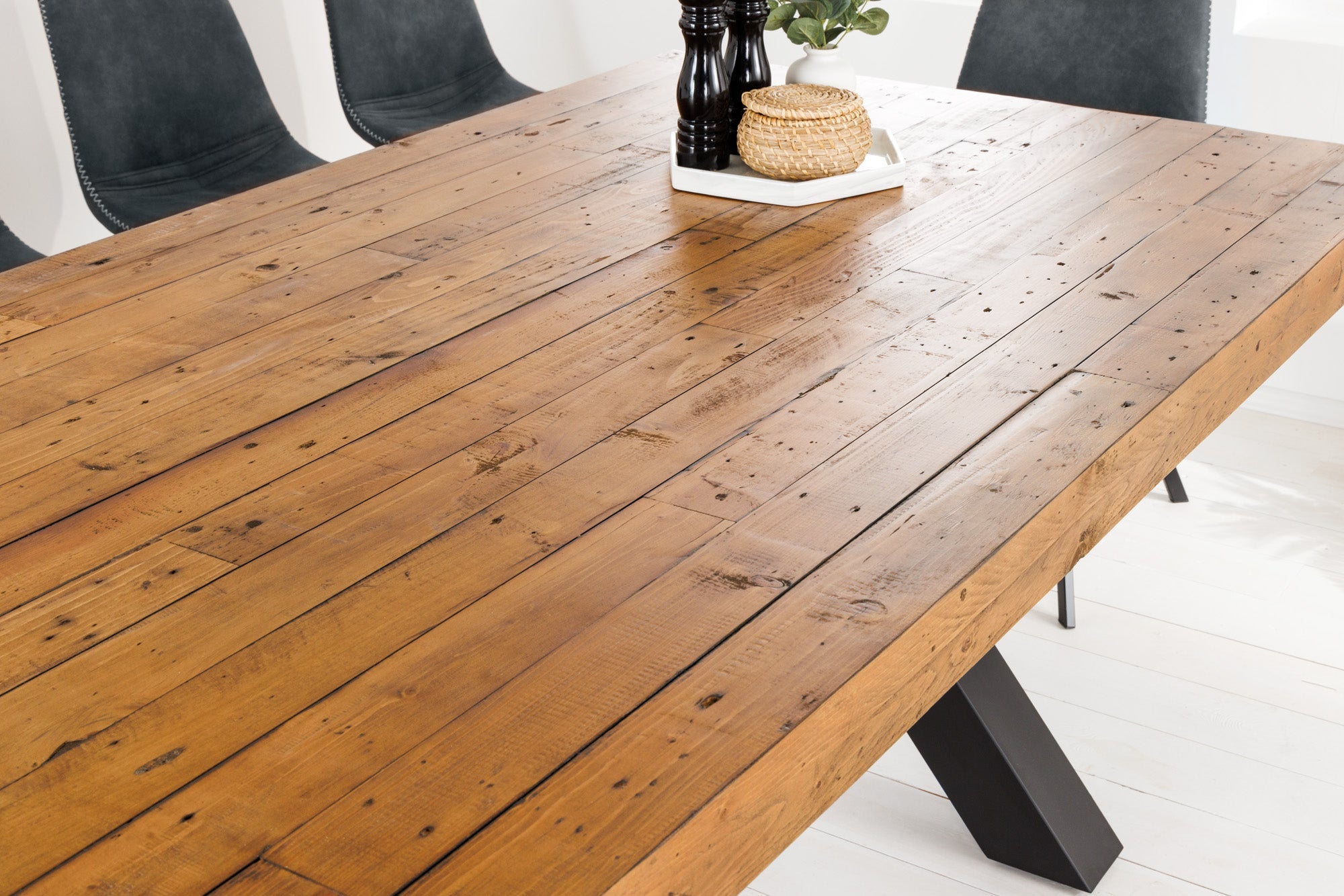 THOR 300 cm mesa de comedor de madera maciza vintage pino marrón reciclado diseño industrial hierro X marco