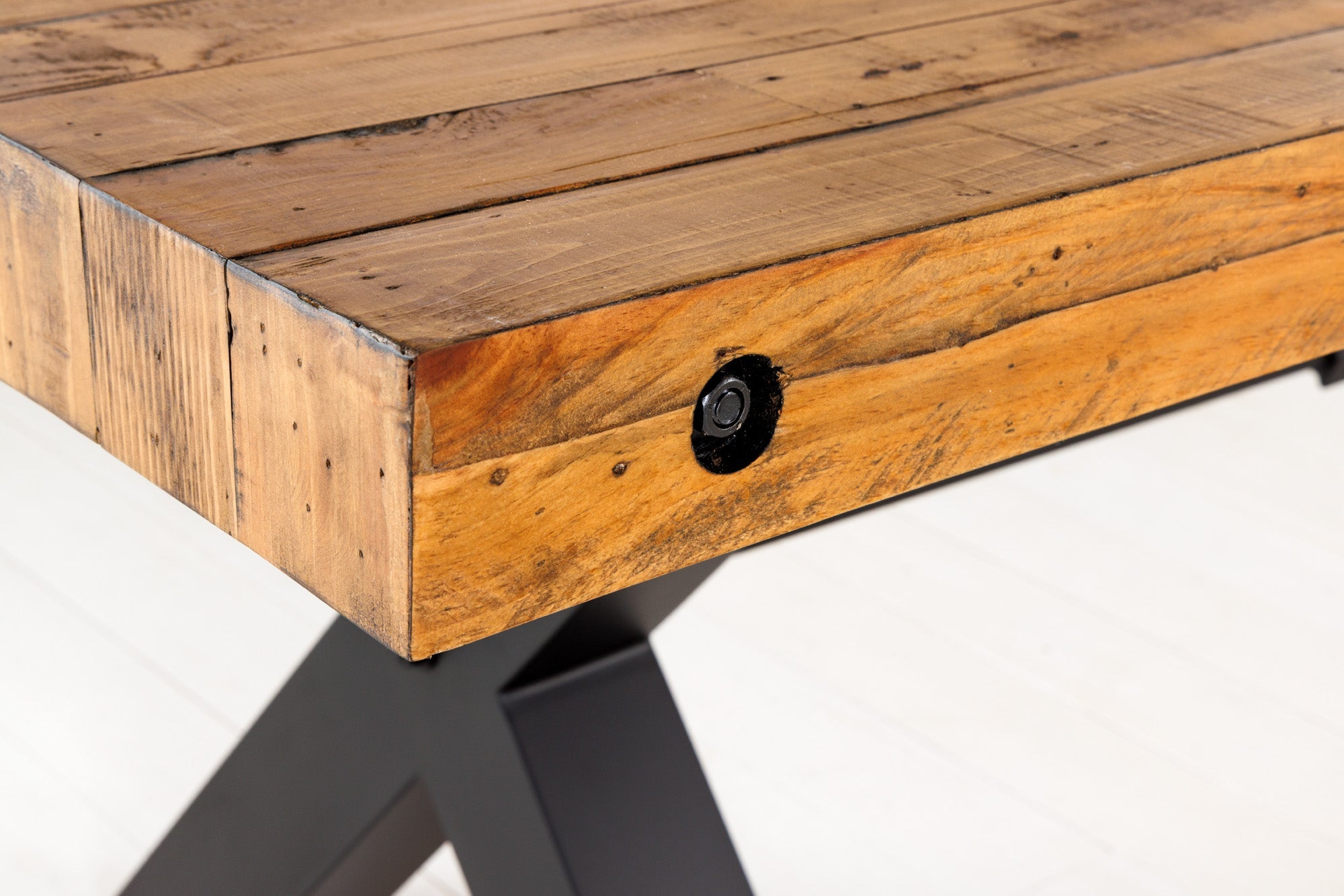 THOR 300 cm mesa de comedor de madera maciza vintage pino marrón reciclado diseño industrial hierro X marco