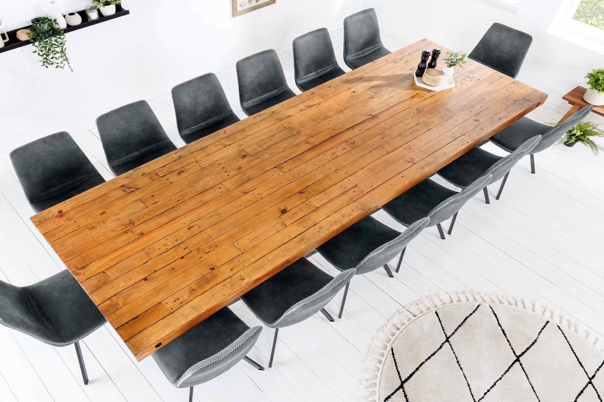 THOR 300 cm mesa de comedor de madera maciza vintage pino marrón reciclado diseño industrial hierro X marco