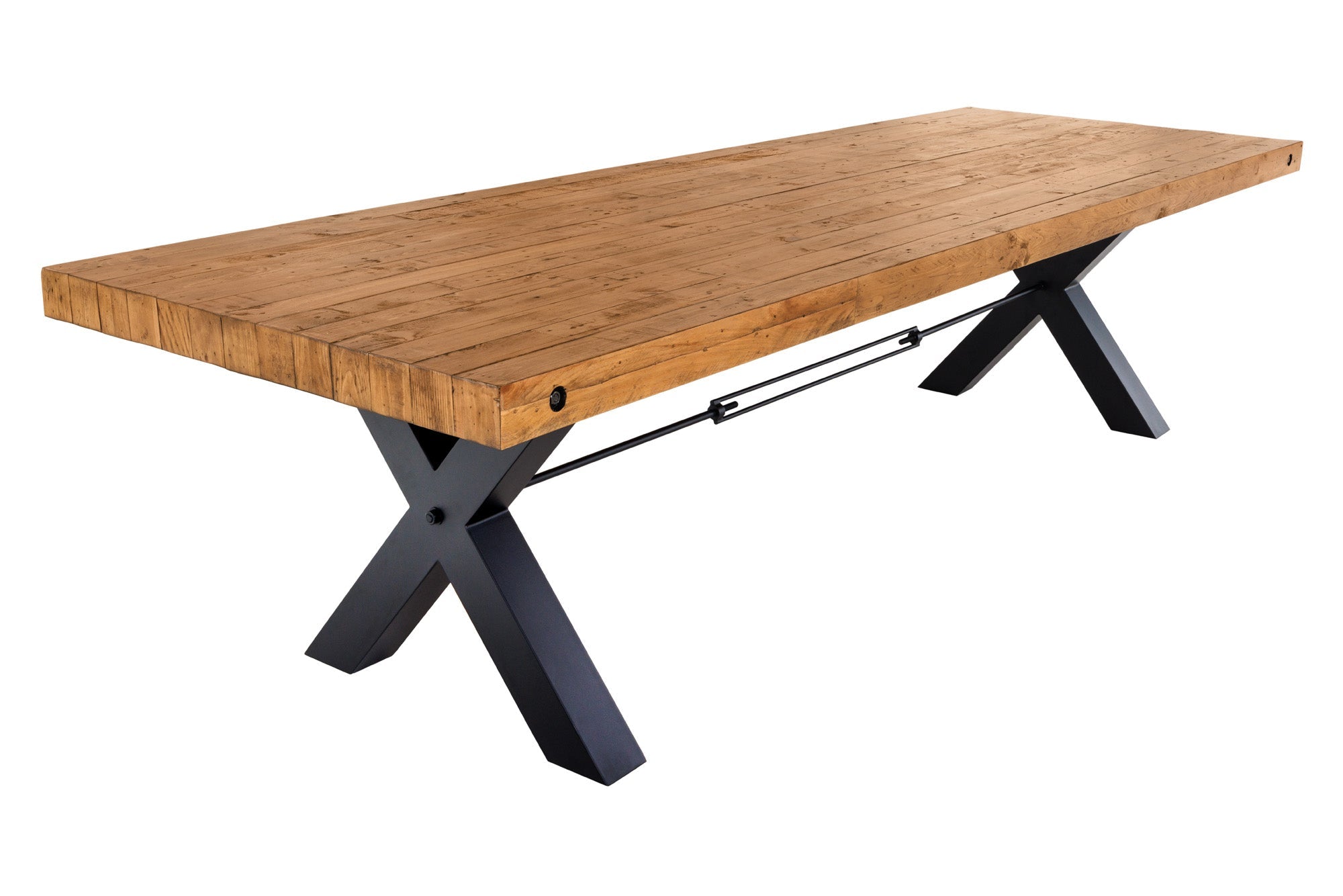 THOR 300 cm mesa de comedor de madera maciza vintage pino marrón reciclado diseño industrial hierro X marco