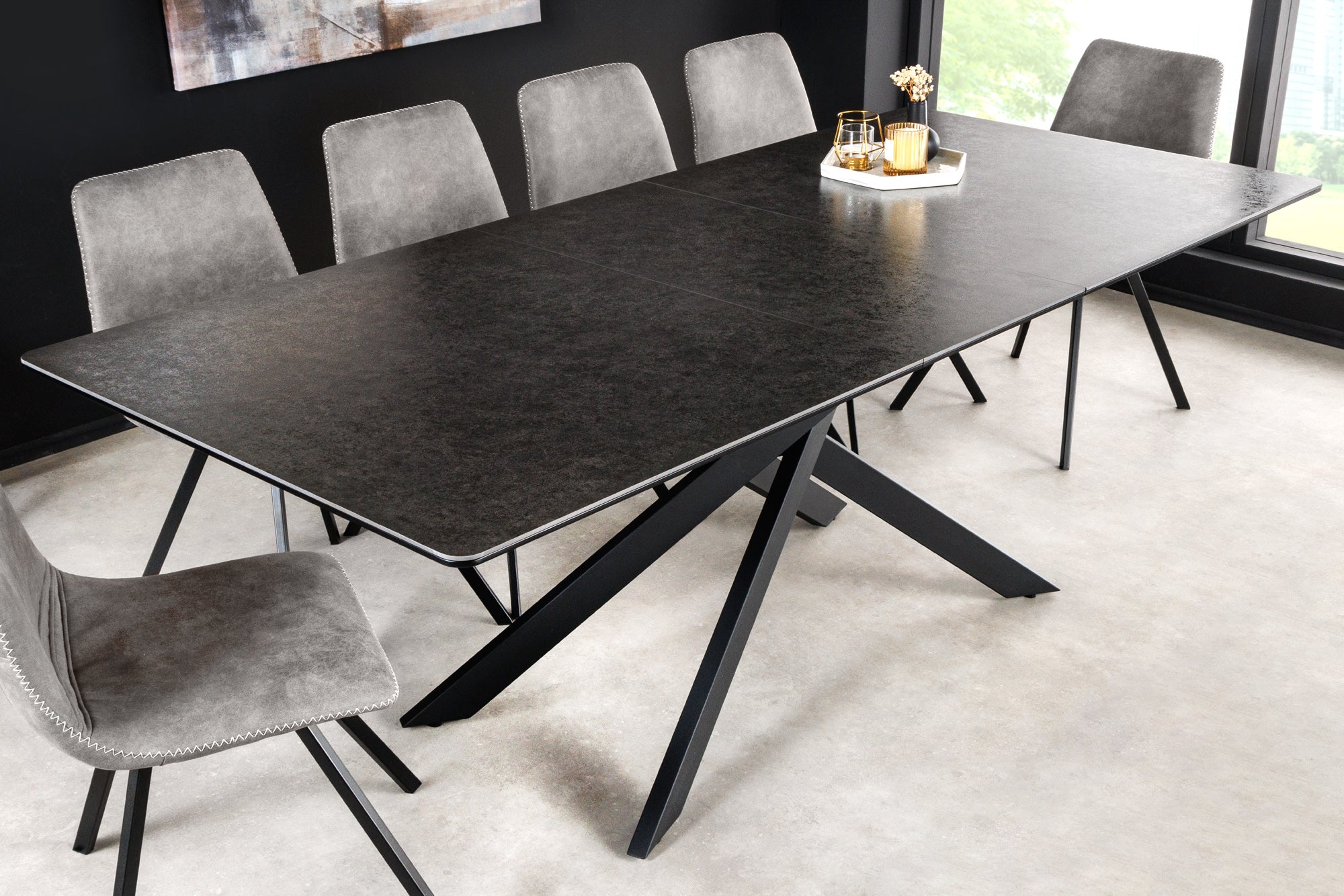 Table à manger extensible ALPINE 160-200 cm céramique anthracite structure métal noir