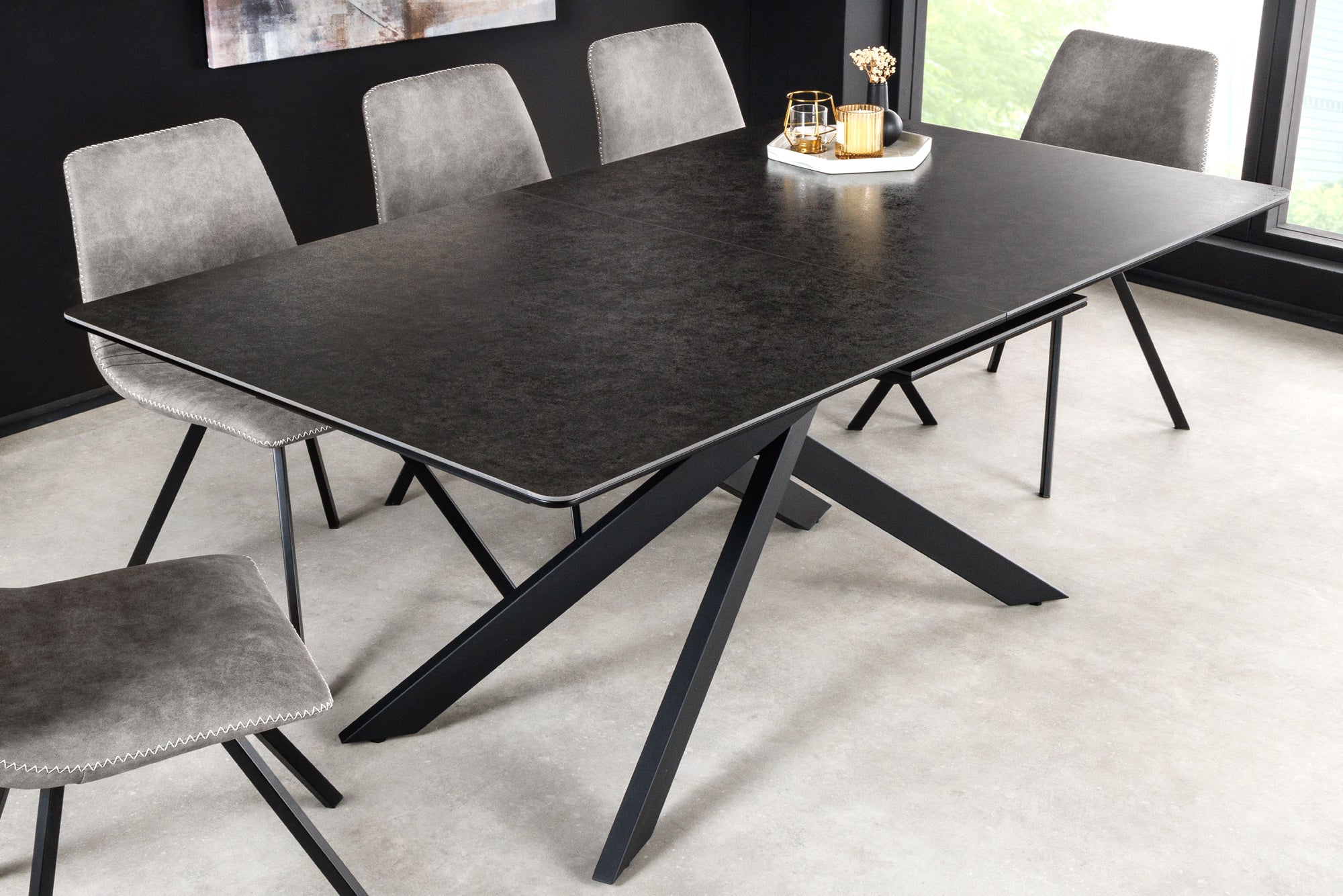 Table à manger extensible ALPINE 160-200 cm céramique anthracite structure métal noir