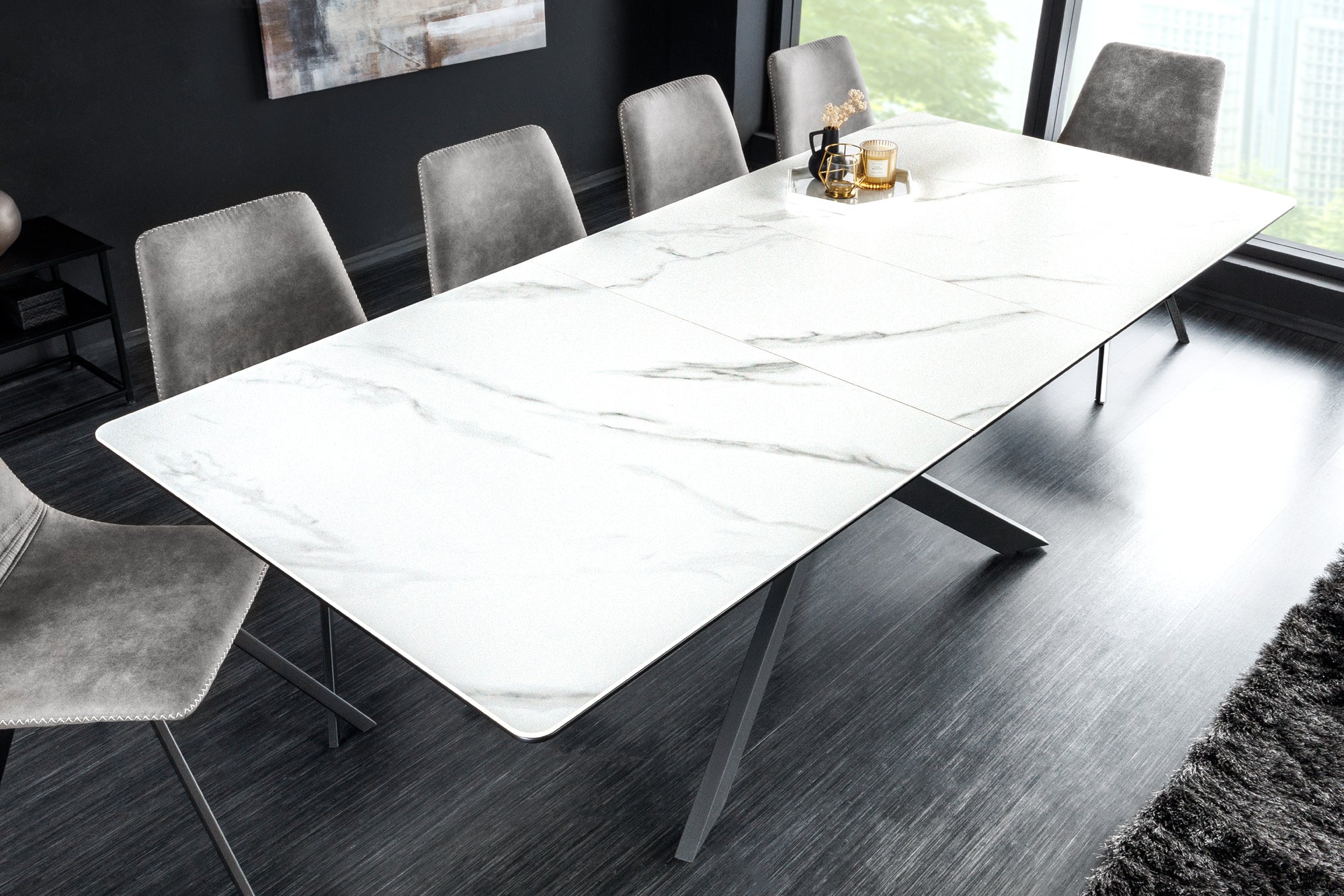 Table à manger extensible ALPINE 160-200 cm céramique blanche marbre structure métal noir