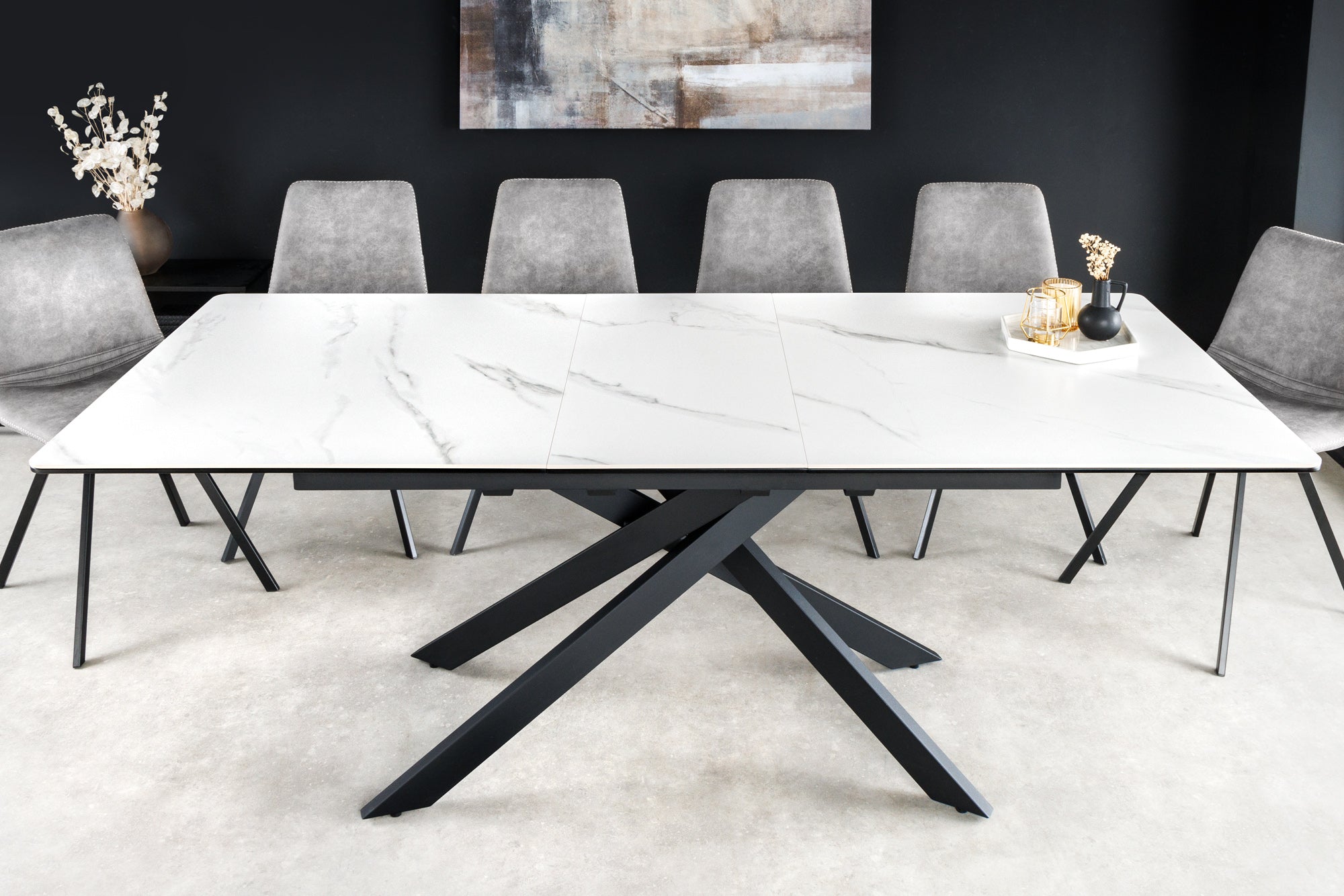 Table à manger extensible ALPINE 160-200 cm céramique blanche marbre structure métal noir