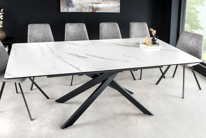 Table à manger extensible ALPINE 160-200cm céramique blanche marbre structure métal noir