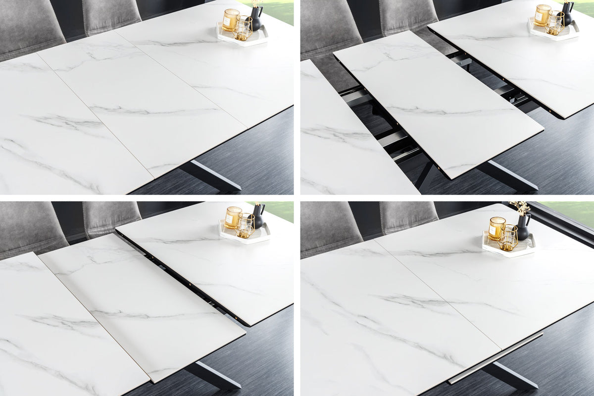 Table à manger extensible ALPINE 160-200cm céramique blanche marbre structure métal noir