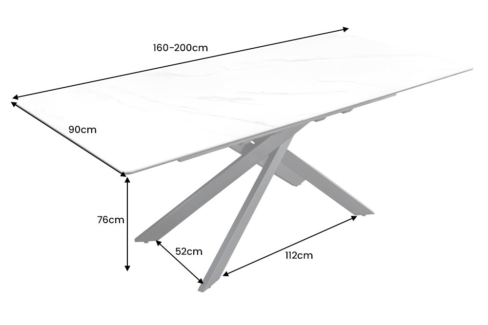Table à manger extensible ALPINE 160-200cm céramique blanche marbre structure métal noir