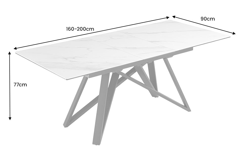 Table à manger extensible ATLAS 160-200 cm design marbre blanc céramique métal noir
