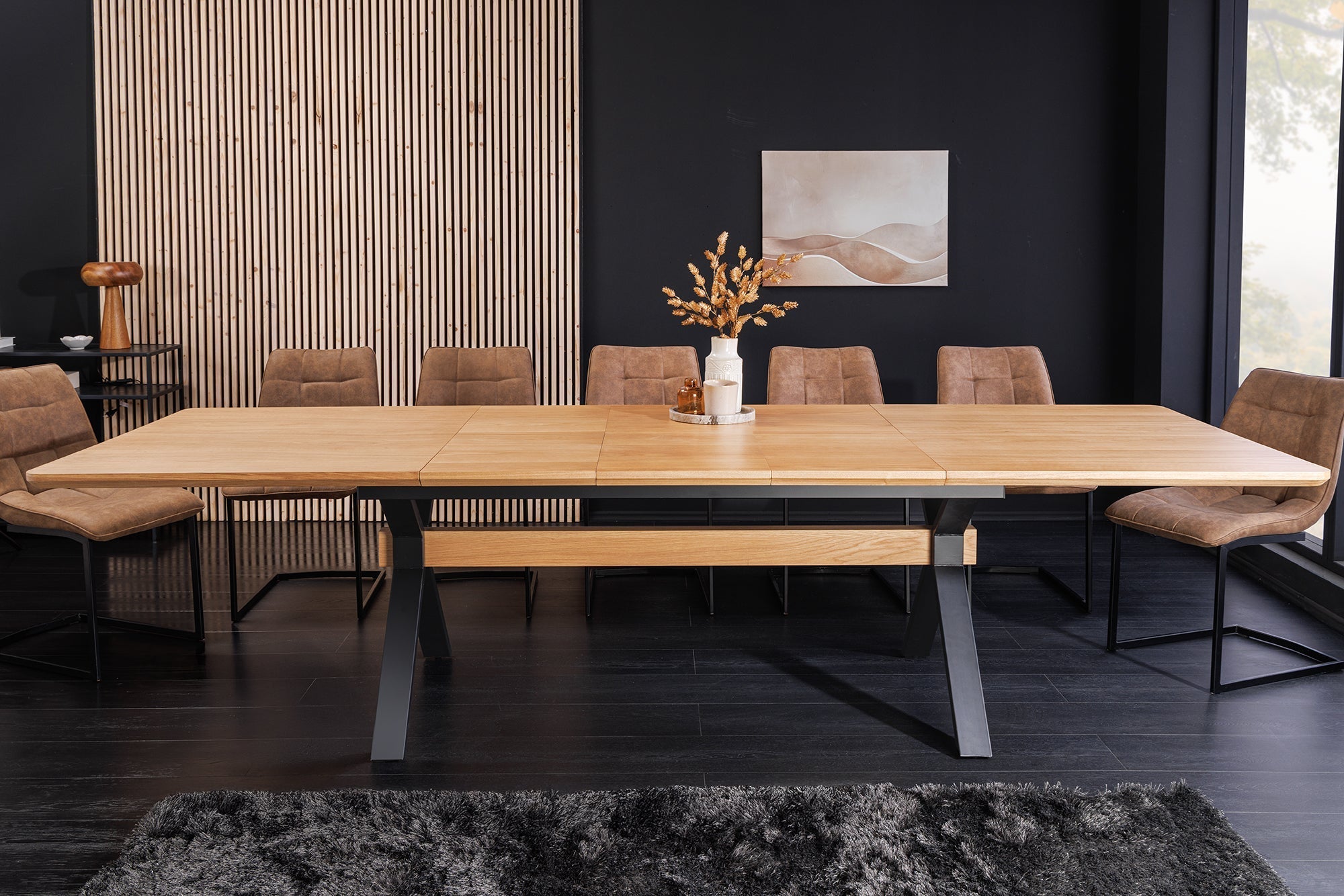 Table à manger extensible GIANT 180-300cm chêne naturel métal noir structure en X
