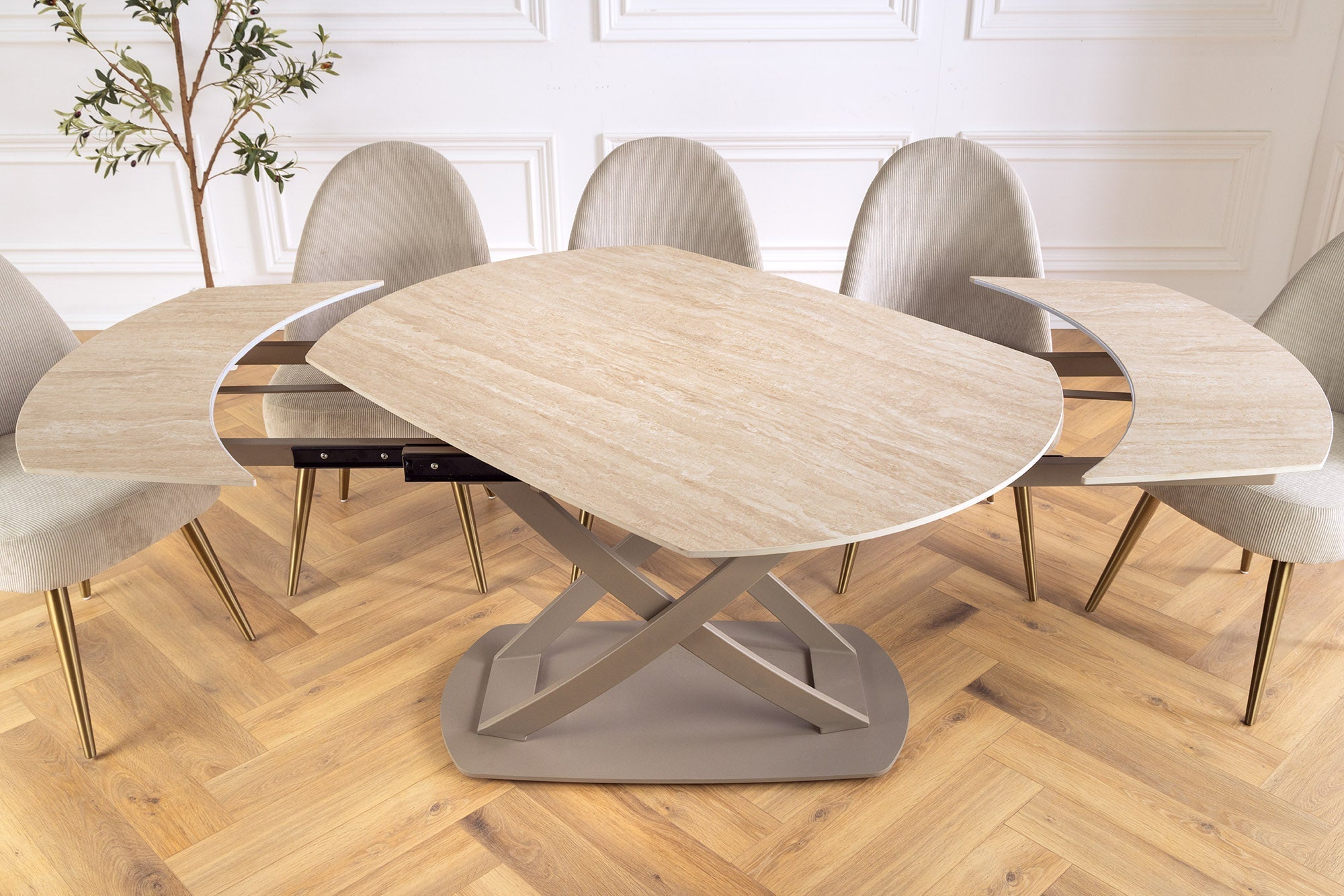 Table à manger extensible INCEPTION 130-190cm ovale travertin céramique champagne grège