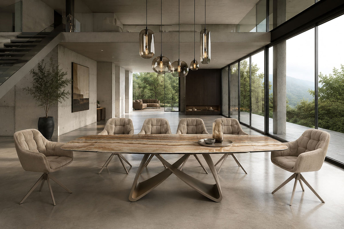 Table à manger extensible INFINITY 180-260cm beige rouille marron onyx marbre céramique forme bateau