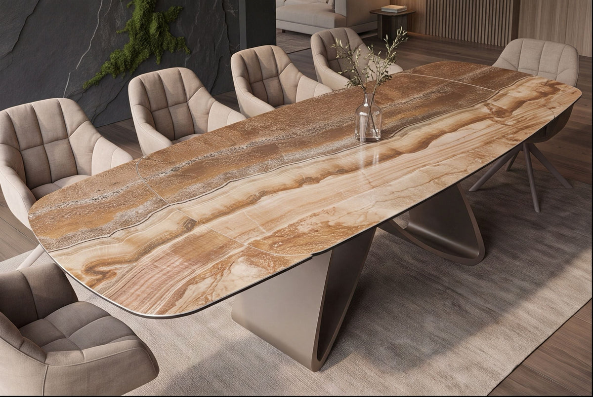 Table à manger extensible INFINITY 180-260cm beige rouille marron onyx marbre céramique forme bateau