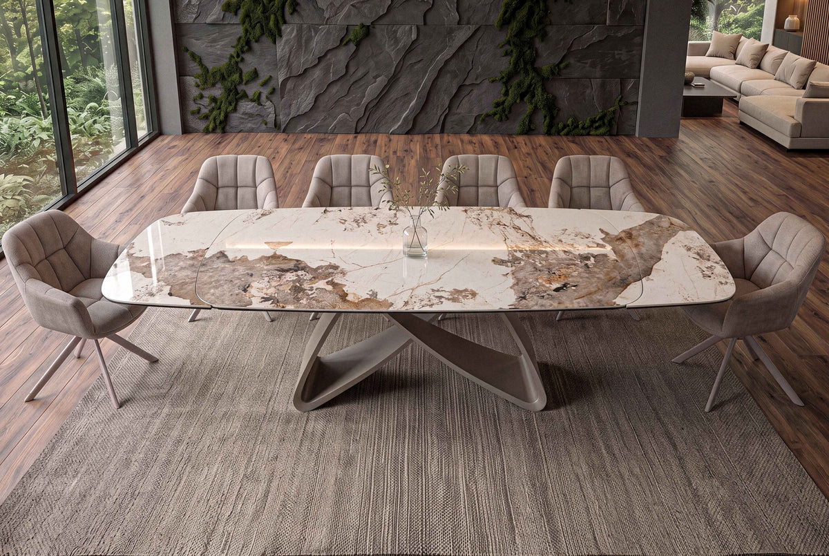 Table à manger extensible INFINITY 180-260cm blanc marron Pandora forme bateau en céramique