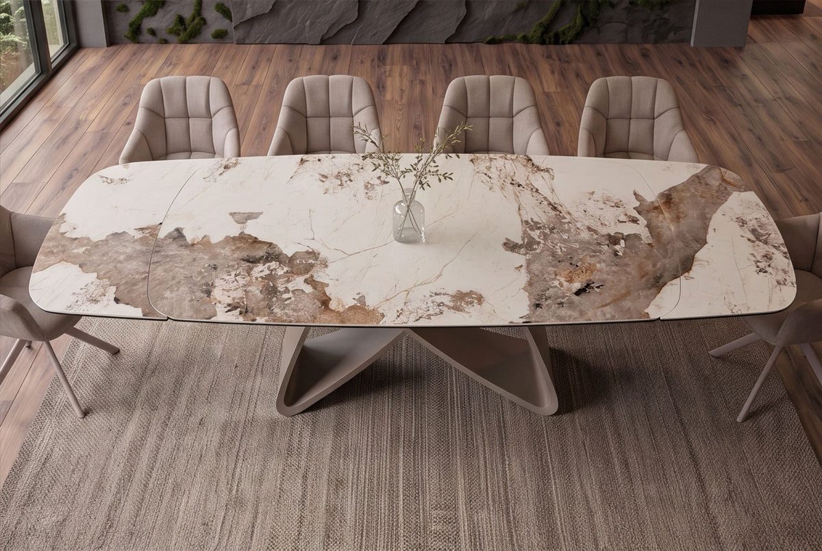 Table à manger extensible INFINITY 180-260cm blanc marron Pandora forme bateau en céramique