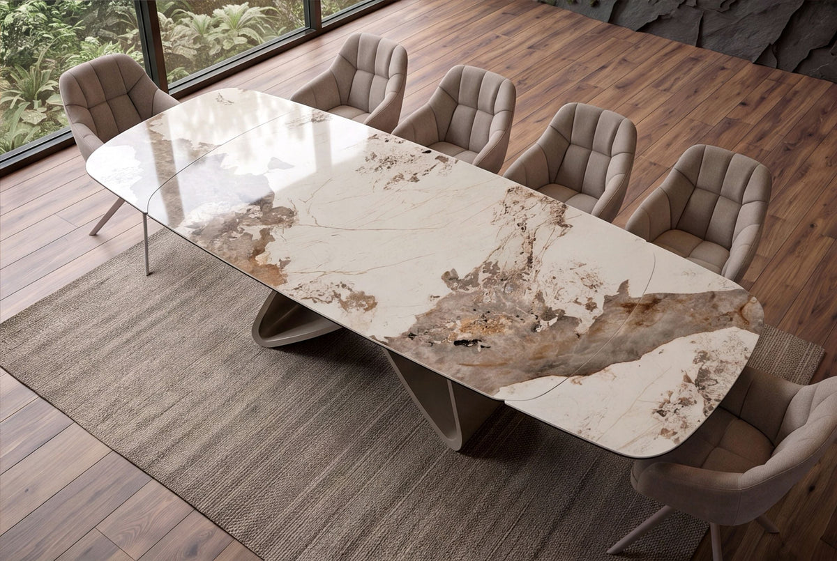 Table à manger extensible INFINITY 180-260cm blanc marron Pandora forme bateau en céramique