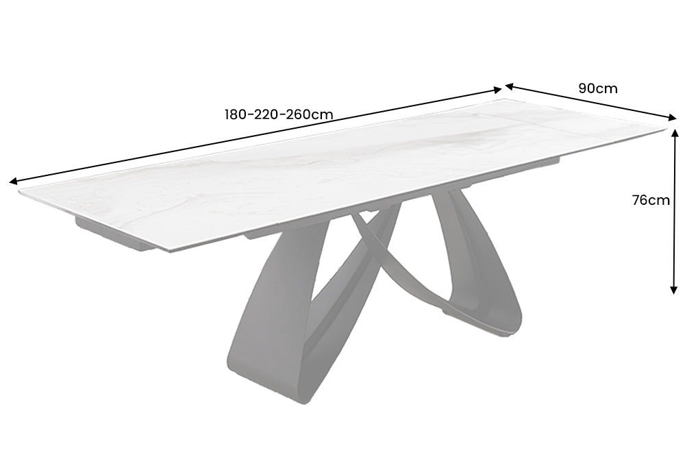 Table à manger extensible INFINITY 180-260cm céramique blanche marbre métal noir