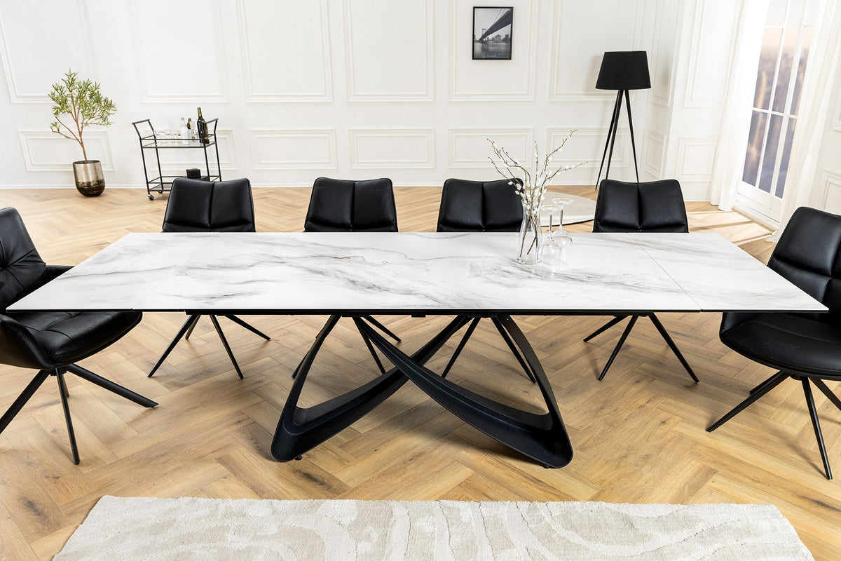 Table à manger extensible INFINITY 180-260cm céramique blanche marbre métal noir