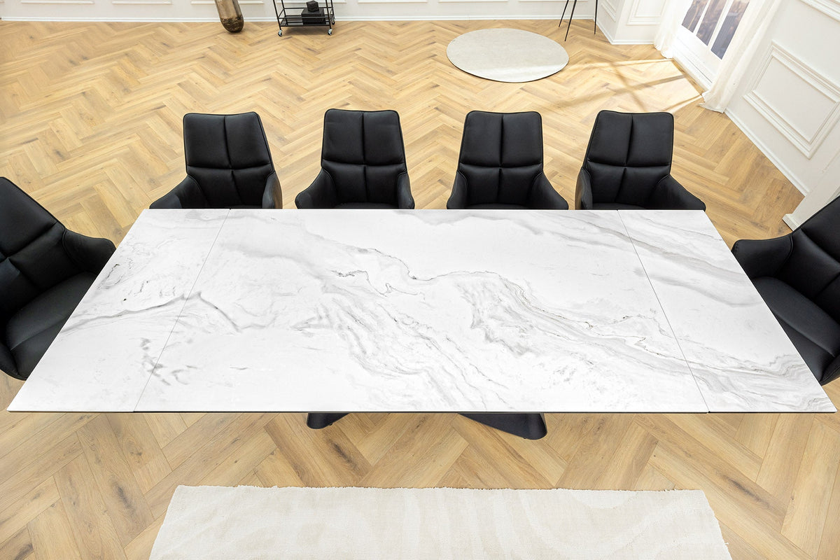 Table à manger extensible INFINITY 180-260cm céramique blanche marbre métal noir