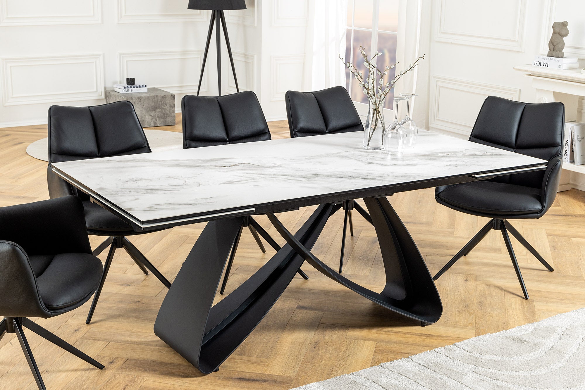 INFINITY mesa de comedor extensible 180-260cm cerámica blanca metal negro mármol