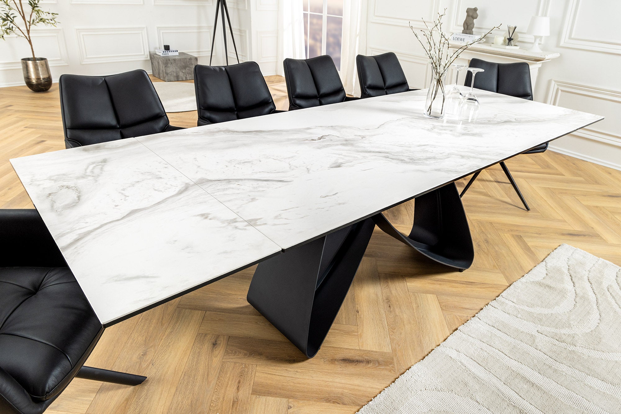 INFINITY mesa de comedor extensible 180-260cm cerámica blanca metal negro mármol